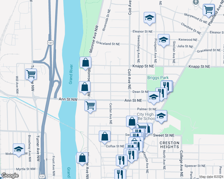 map of restaurants, bars, coffee shops, grocery stores, and more near 101 Dean Street Northeast in Grand Rapids