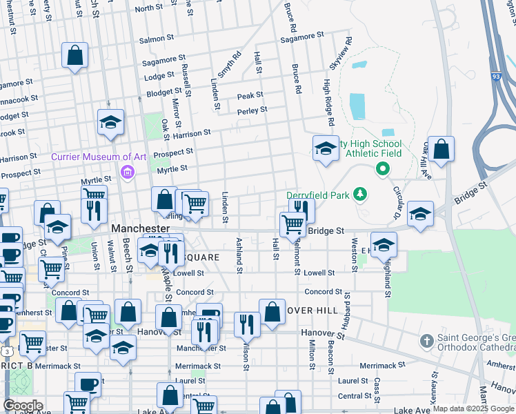 map of restaurants, bars, coffee shops, grocery stores, and more near 111 Arlington Street in Manchester