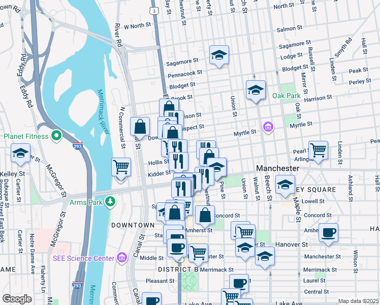 map of restaurants, bars, coffee shops, grocery stores, and more near 530 Chestnut Street in Manchester