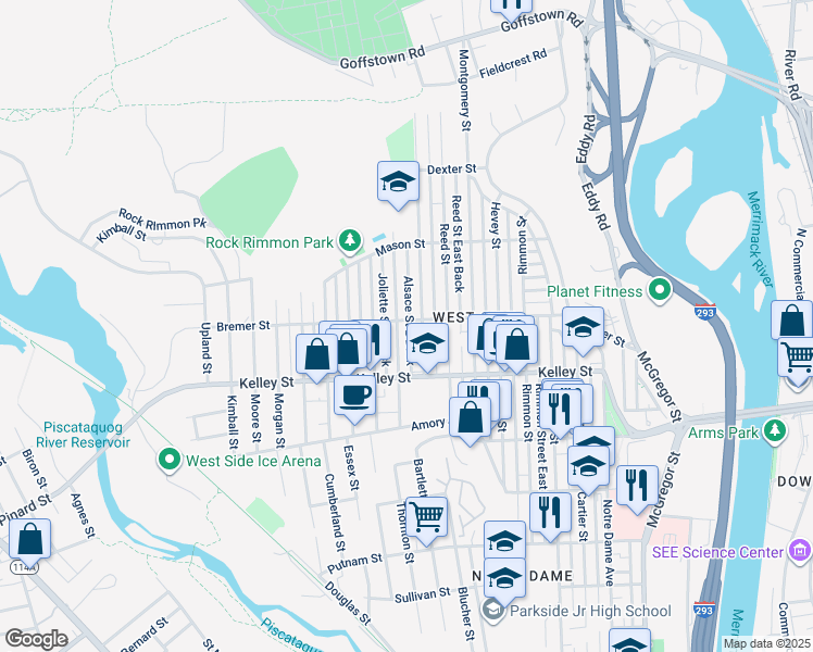 map of restaurants, bars, coffee shops, grocery stores, and more near 124 Alsace Street in Manchester