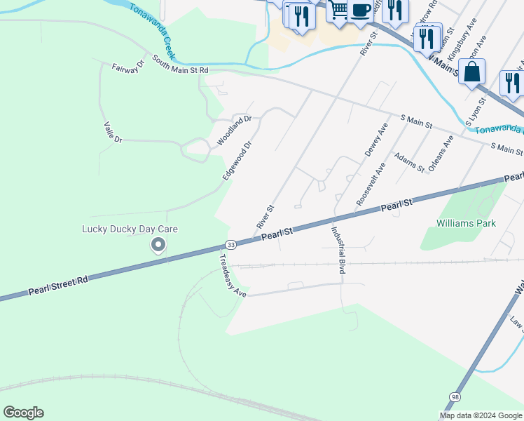 map of restaurants, bars, coffee shops, grocery stores, and more near 190 Pearl Street in Batavia