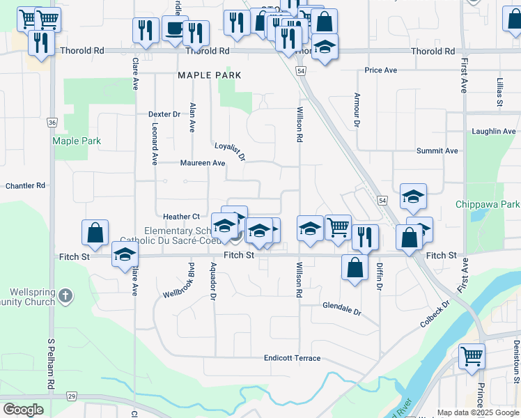 map of restaurants, bars, coffee shops, grocery stores, and more near in Welland