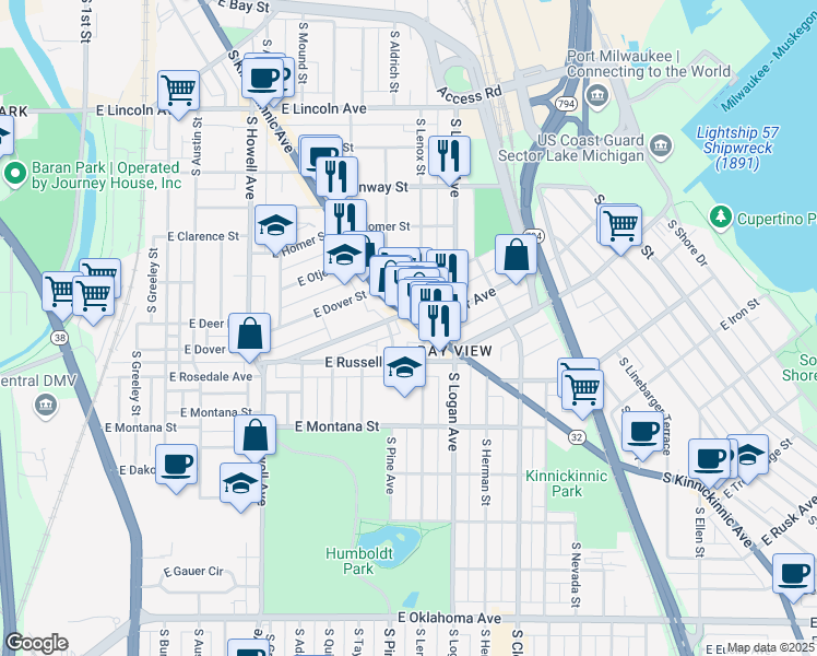 map of restaurants, bars, coffee shops, grocery stores, and more near 2621 South Lenox Street in Milwaukee