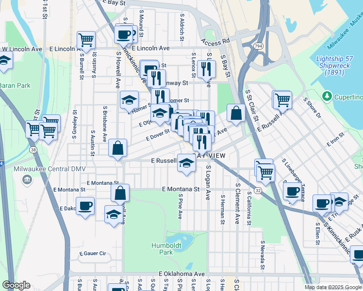 map of restaurants, bars, coffee shops, grocery stores, and more near 2621 South Lenox Street in Milwaukee