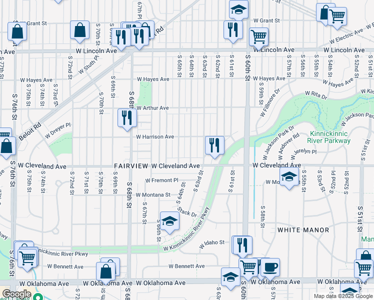 map of restaurants, bars, coffee shops, grocery stores, and more near 6414 West Cleveland Avenue in Milwaukee