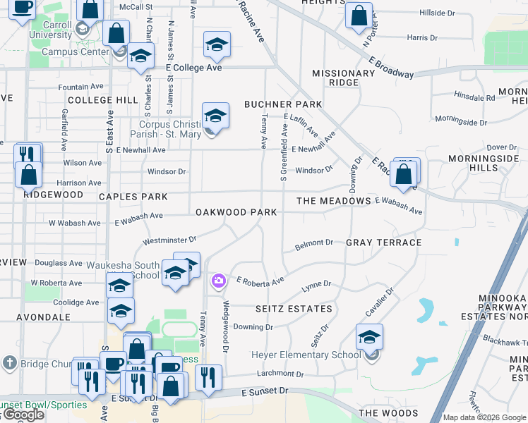 map of restaurants, bars, coffee shops, grocery stores, and more near 900 East Wabash Avenue in Waukesha