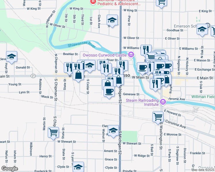map of restaurants, bars, coffee shops, grocery stores, and more near 601 Clinton Street in Owosso