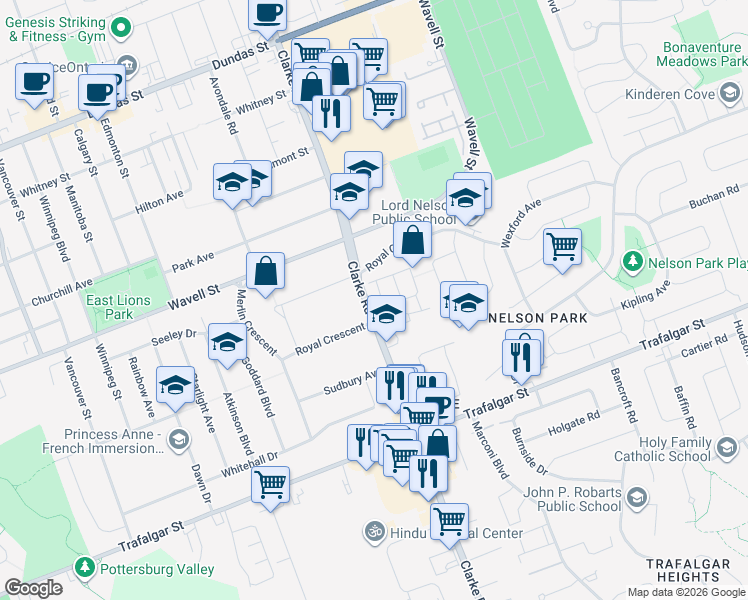 map of restaurants, bars, coffee shops, grocery stores, and more near 218 Clarke Road in London