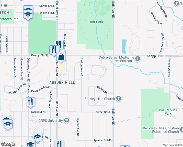 map of restaurants, bars, coffee shops, grocery stores, and more near 1598 Hidden Creek Circle Drive Northeast in Grand Rapids