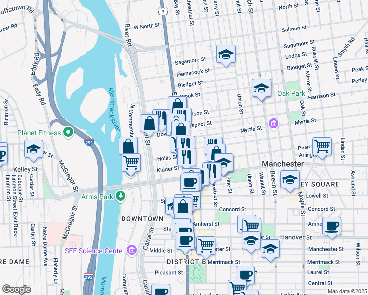 map of restaurants, bars, coffee shops, grocery stores, and more near 1243 Elm Street in Manchester