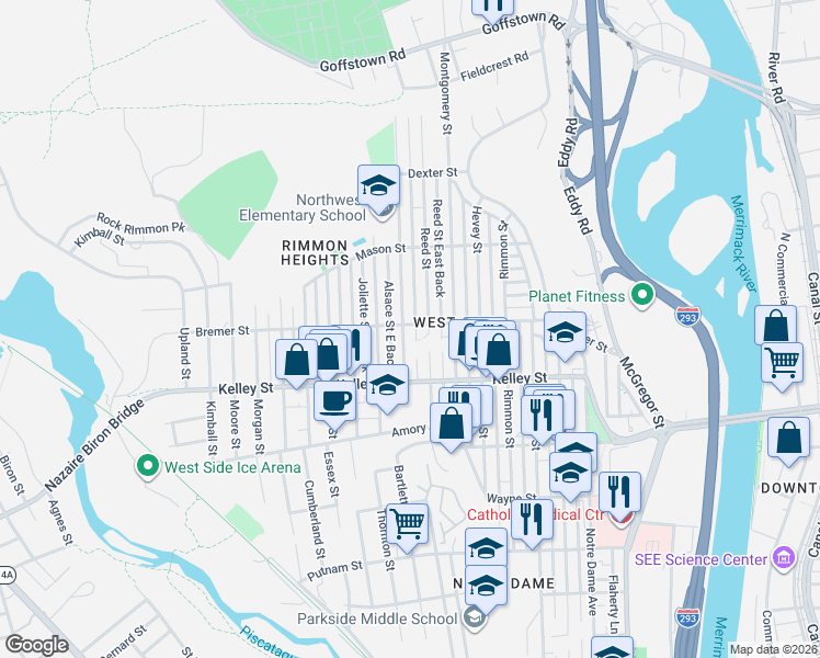 map of restaurants, bars, coffee shops, grocery stores, and more near 117 Youville Street in Manchester