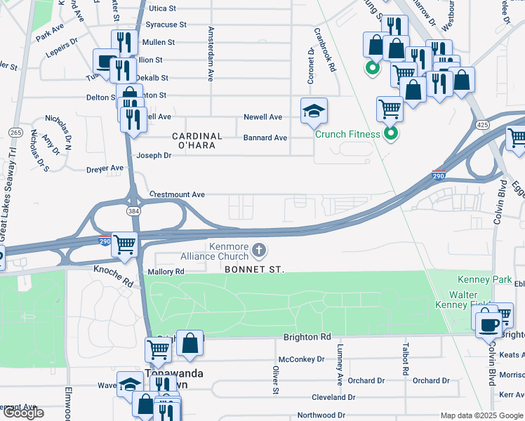 map of restaurants, bars, coffee shops, grocery stores, and more near 199 Crestmount Avenue in Tonawanda