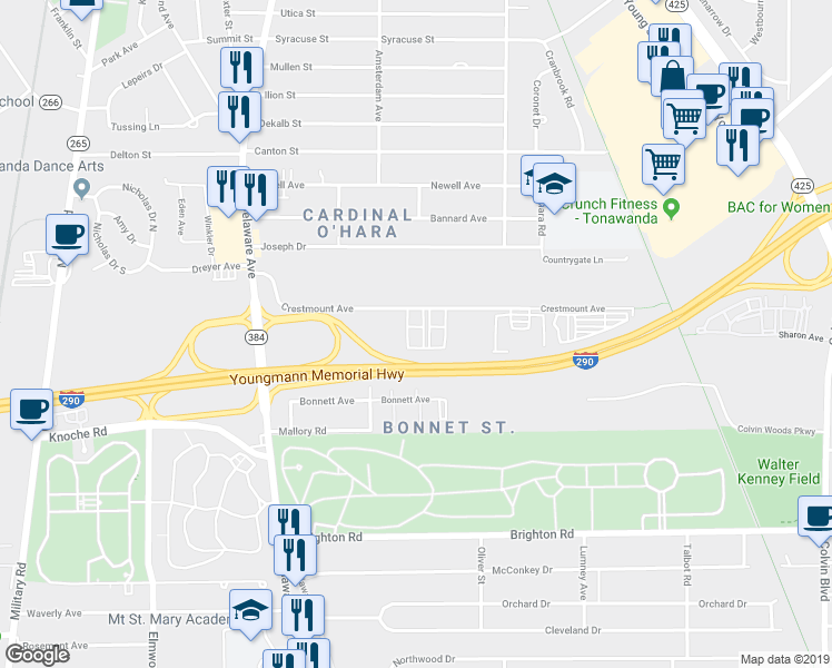 map of restaurants, bars, coffee shops, grocery stores, and more near 153 Crestmount Avenue in Tonawanda