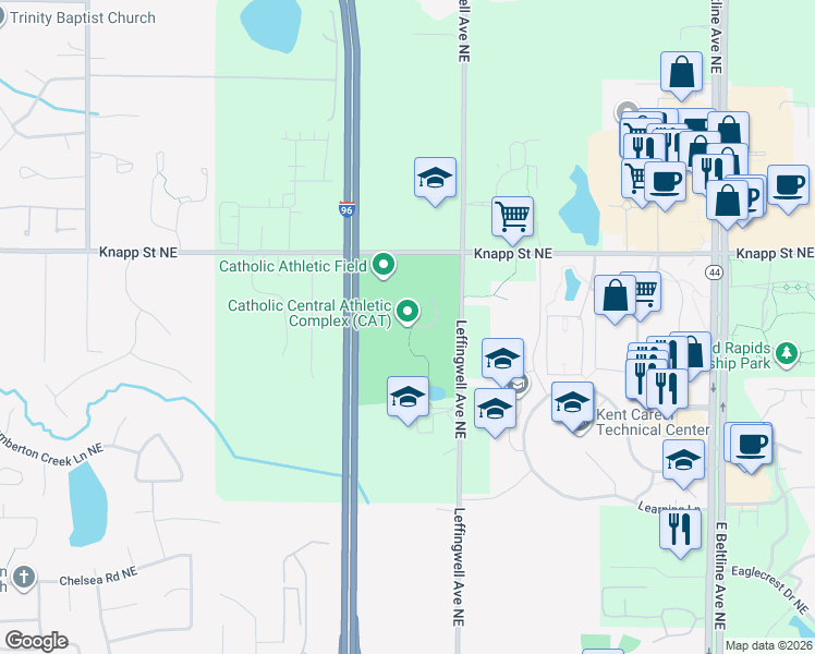 map of restaurants, bars, coffee shops, grocery stores, and more near 2770 Knapp Street Northeast in Grand Rapids