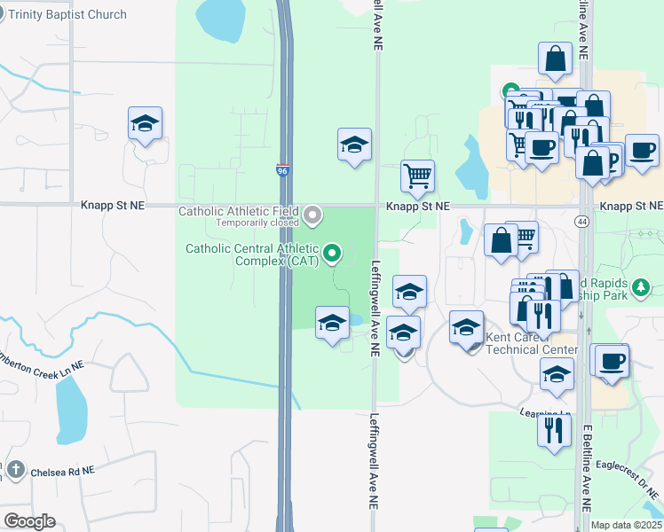map of restaurants, bars, coffee shops, grocery stores, and more near 2770 Knapp Street Northeast in Grand Rapids