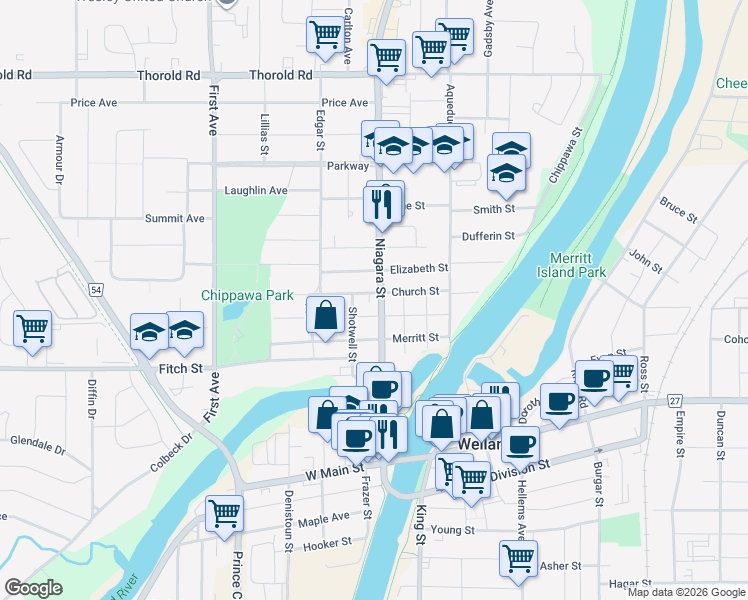 map of restaurants, bars, coffee shops, grocery stores, and more near 207 Niagara Street in Welland
