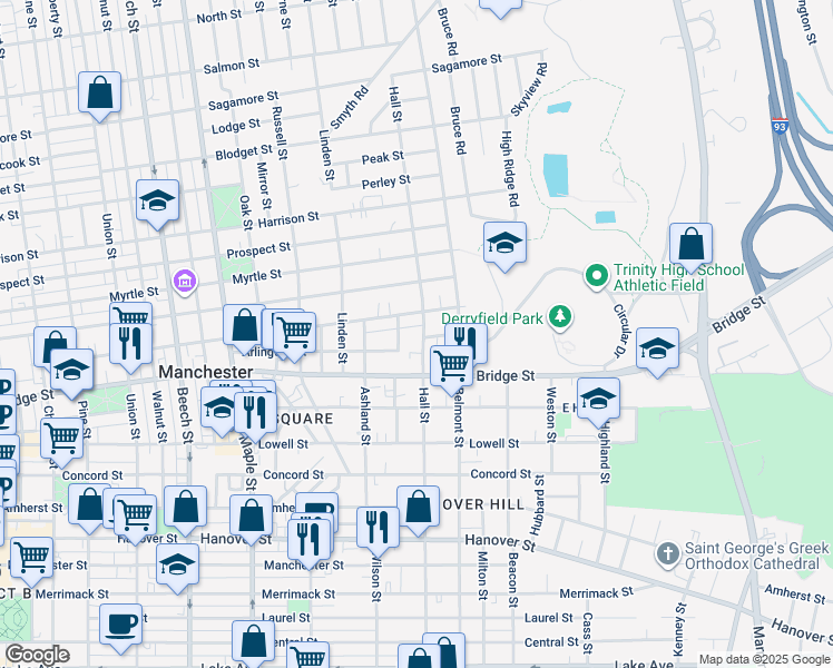 map of restaurants, bars, coffee shops, grocery stores, and more near 684 Hall Street in Manchester