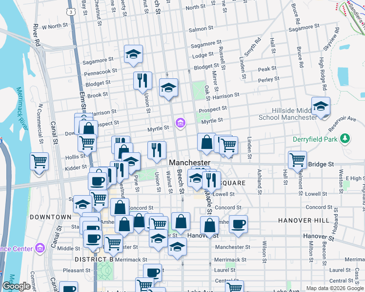 map of restaurants, bars, coffee shops, grocery stores, and more near in Manchester
