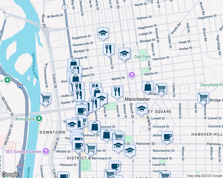 map of restaurants, bars, coffee shops, grocery stores, and more near 143 Pearl Street in Manchester