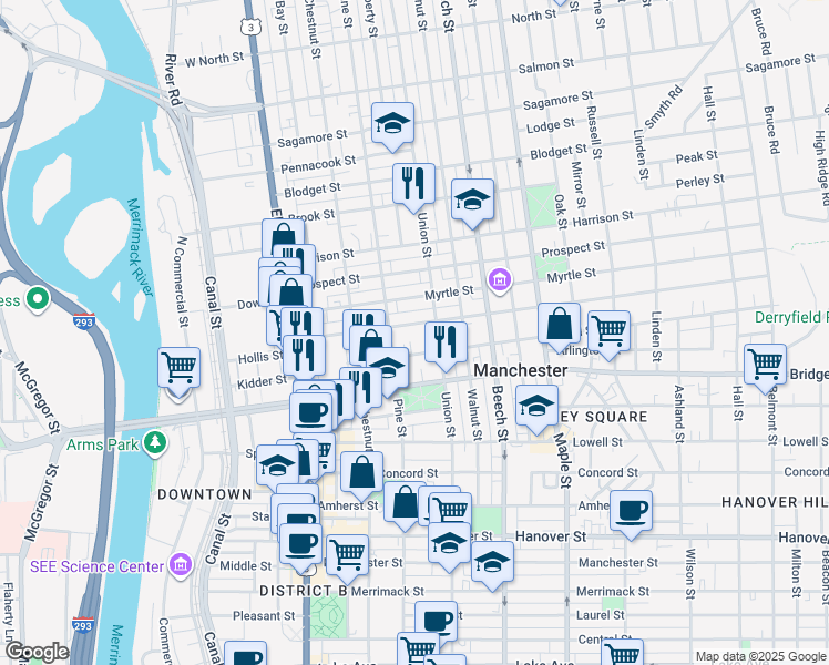 map of restaurants, bars, coffee shops, grocery stores, and more near 143 Pearl Street in Manchester