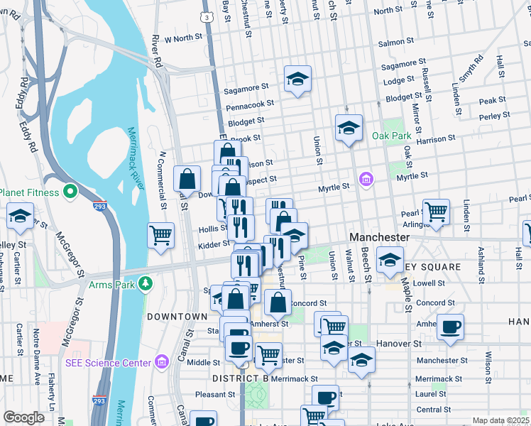 map of restaurants, bars, coffee shops, grocery stores, and more near 530 Chestnut Street in Manchester