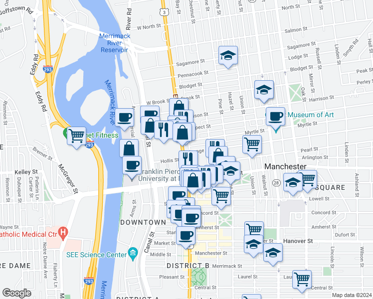 map of restaurants, bars, coffee shops, grocery stores, and more near 1243 Elm Street in Manchester