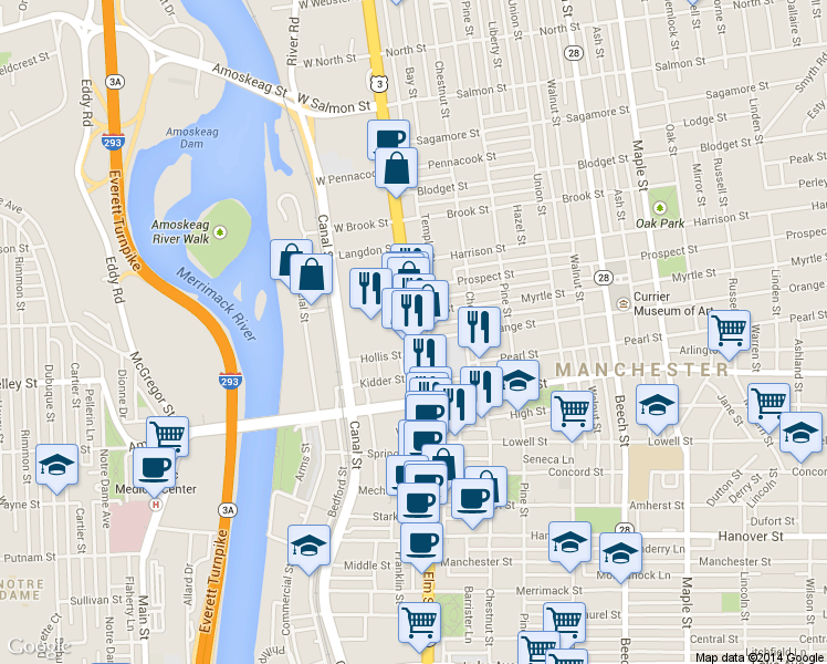 map of restaurants, bars, coffee shops, grocery stores, and more near 1243 Elm Street in Manchester