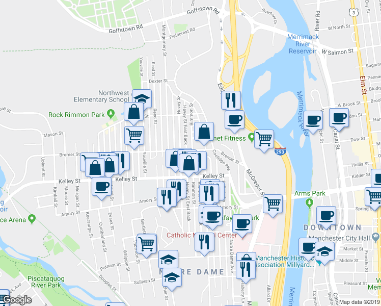 map of restaurants, bars, coffee shops, grocery stores, and more near 577 Hevey Street in Manchester