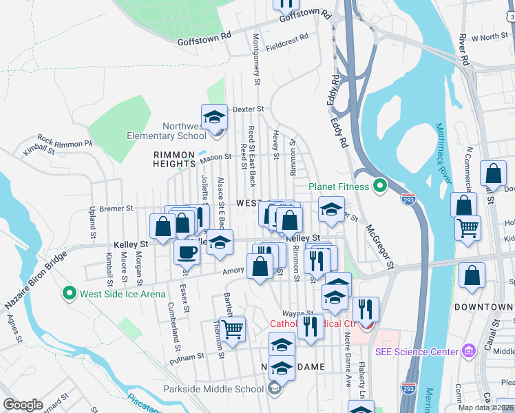map of restaurants, bars, coffee shops, grocery stores, and more near 634 Montgomery Street in Manchester