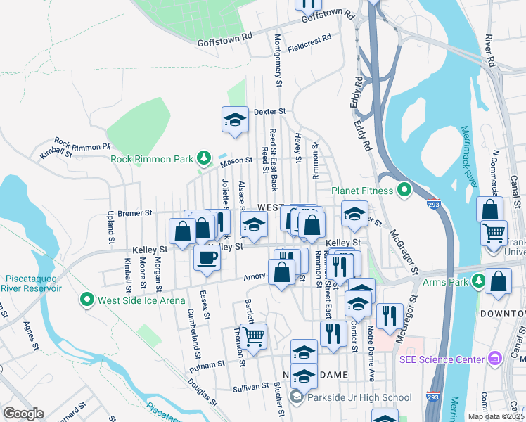map of restaurants, bars, coffee shops, grocery stores, and more near 117 Youville Street in Manchester