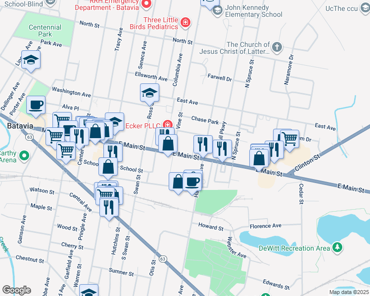 map of restaurants, bars, coffee shops, grocery stores, and more near 434 East Main Street in Batavia