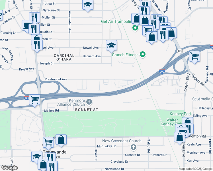 map of restaurants, bars, coffee shops, grocery stores, and more near Youngmann Memorial Highway in Tonawanda