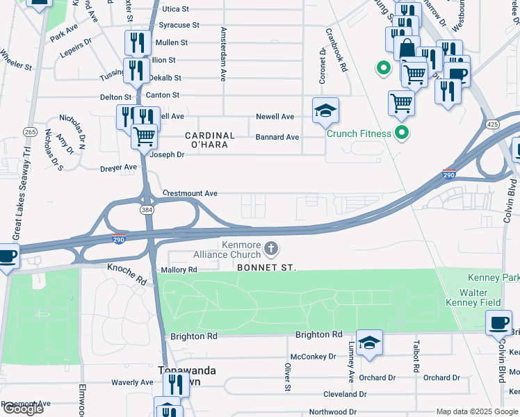 map of restaurants, bars, coffee shops, grocery stores, and more near 199 Crestmount Avenue in Tonawanda