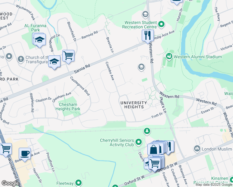 map of restaurants, bars, coffee shops, grocery stores, and more near 427 Coombs Avenue in London