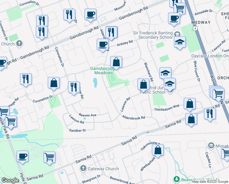 map of restaurants, bars, coffee shops, grocery stores, and more near 63 Springett Court in London