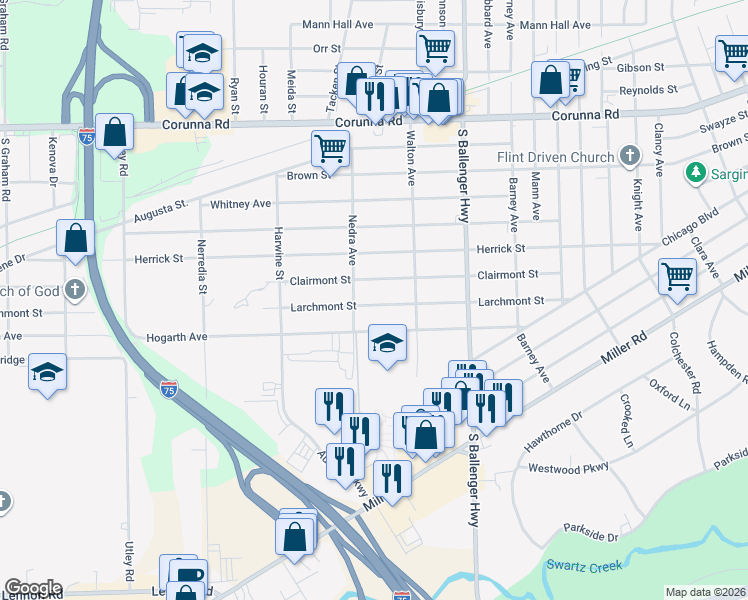 map of restaurants, bars, coffee shops, grocery stores, and more near 3926 Hogarth Avenue in Flint