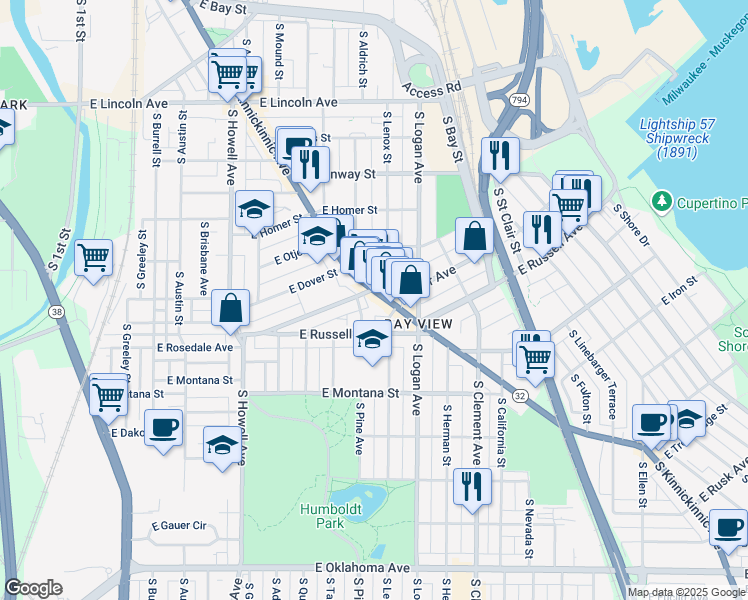 map of restaurants, bars, coffee shops, grocery stores, and more near 2621 South Lenox Street in Milwaukee