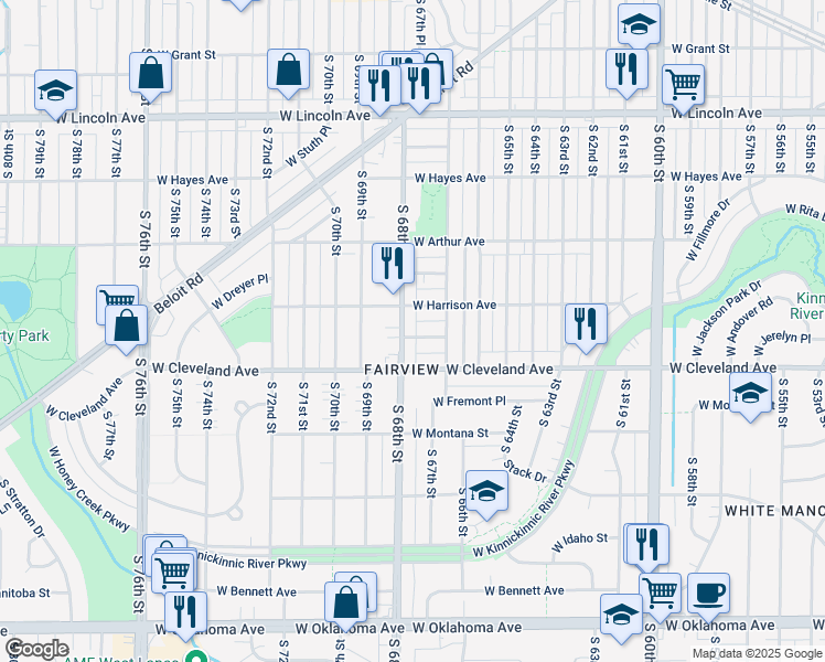 map of restaurants, bars, coffee shops, grocery stores, and more near 2664 South 68th Street in Milwaukee