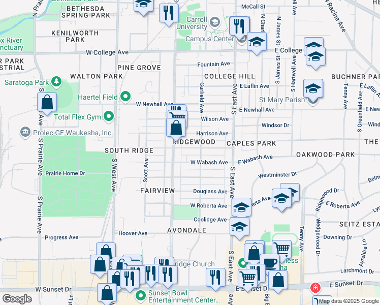 map of restaurants, bars, coffee shops, grocery stores, and more near 205 West Wabash Avenue in Waukesha