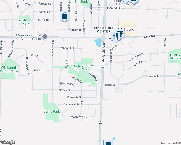map of restaurants, bars, coffee shops, grocery stores, and more near 16 Oak Park Way in Fitchburg