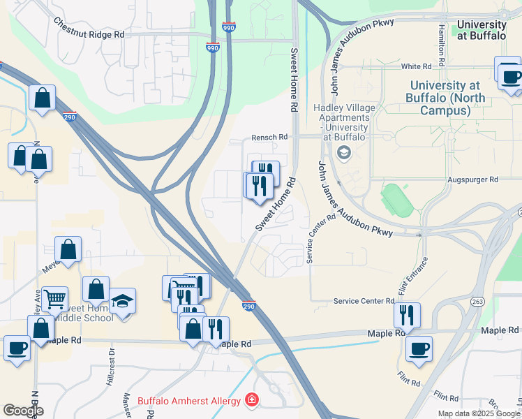 map of restaurants, bars, coffee shops, grocery stores, and more near 1280 Sweet Home Road in Buffalo