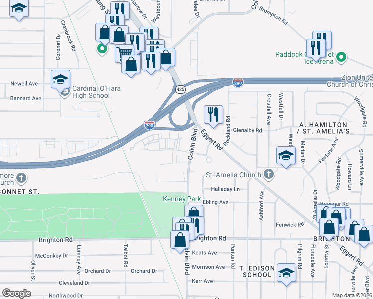 map of restaurants, bars, coffee shops, grocery stores, and more near 4 Embassy Square in Tonawanda