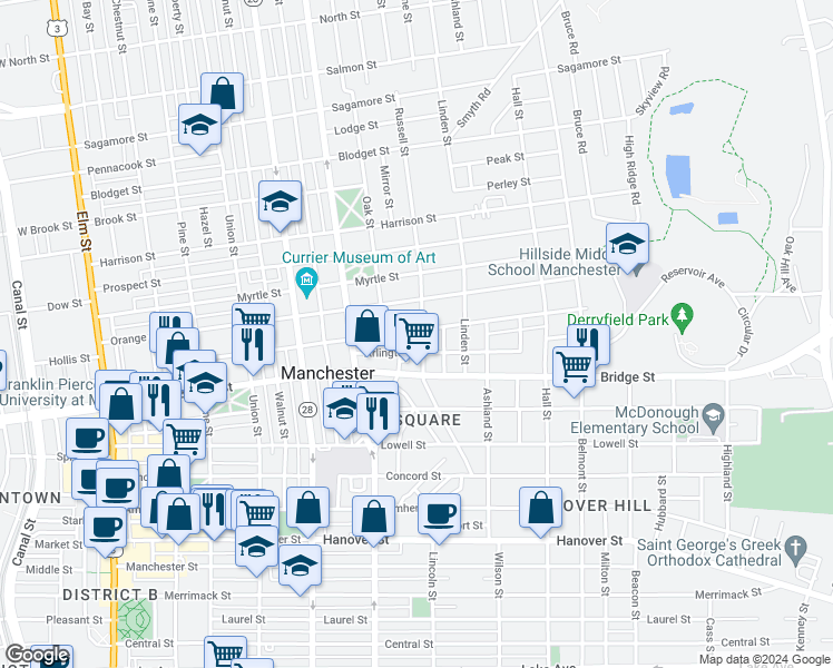 map of restaurants, bars, coffee shops, grocery stores, and more near 269 Pearl Street in Manchester