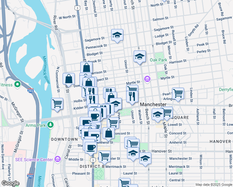 map of restaurants, bars, coffee shops, grocery stores, and more near 517 Pine Street in Manchester