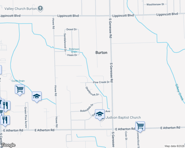 map of restaurants, bars, coffee shops, grocery stores, and more near 4455 Pine Creek Drive in Burton