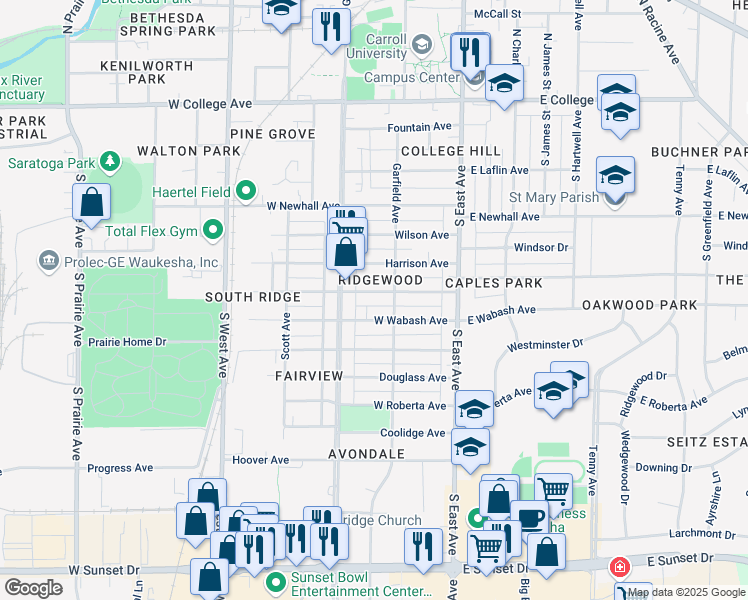 map of restaurants, bars, coffee shops, grocery stores, and more near 205 West Wabash Avenue in Waukesha