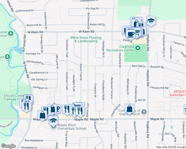 map of restaurants, bars, coffee shops, grocery stores, and more near 205 Foxpoint West in Buffalo