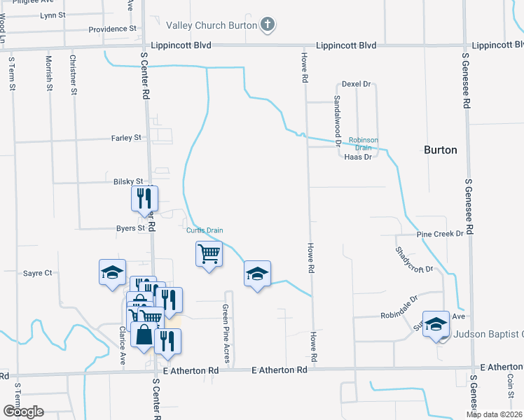 map of restaurants, bars, coffee shops, grocery stores, and more near 2252 Howe Road in Burton
