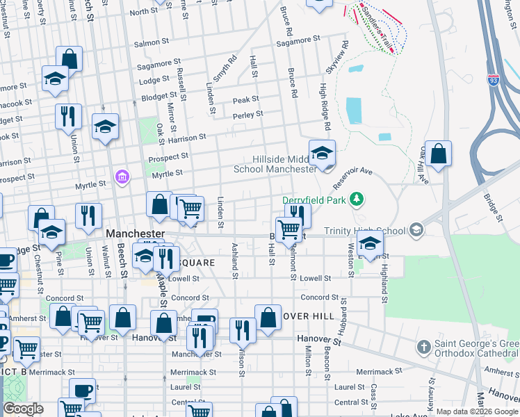 map of restaurants, bars, coffee shops, grocery stores, and more near 764 Hall Street in Manchester