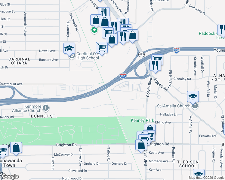 map of restaurants, bars, coffee shops, grocery stores, and more near 95 Embassy Square in Tonawanda